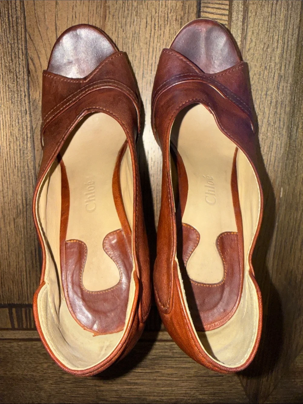 Chloe Brown Leather and Lucite Peep-Toe Chunky Platform Heels 2010
